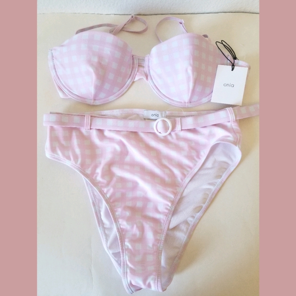 Onia NWT Pink Checkered Belted Bikini Large